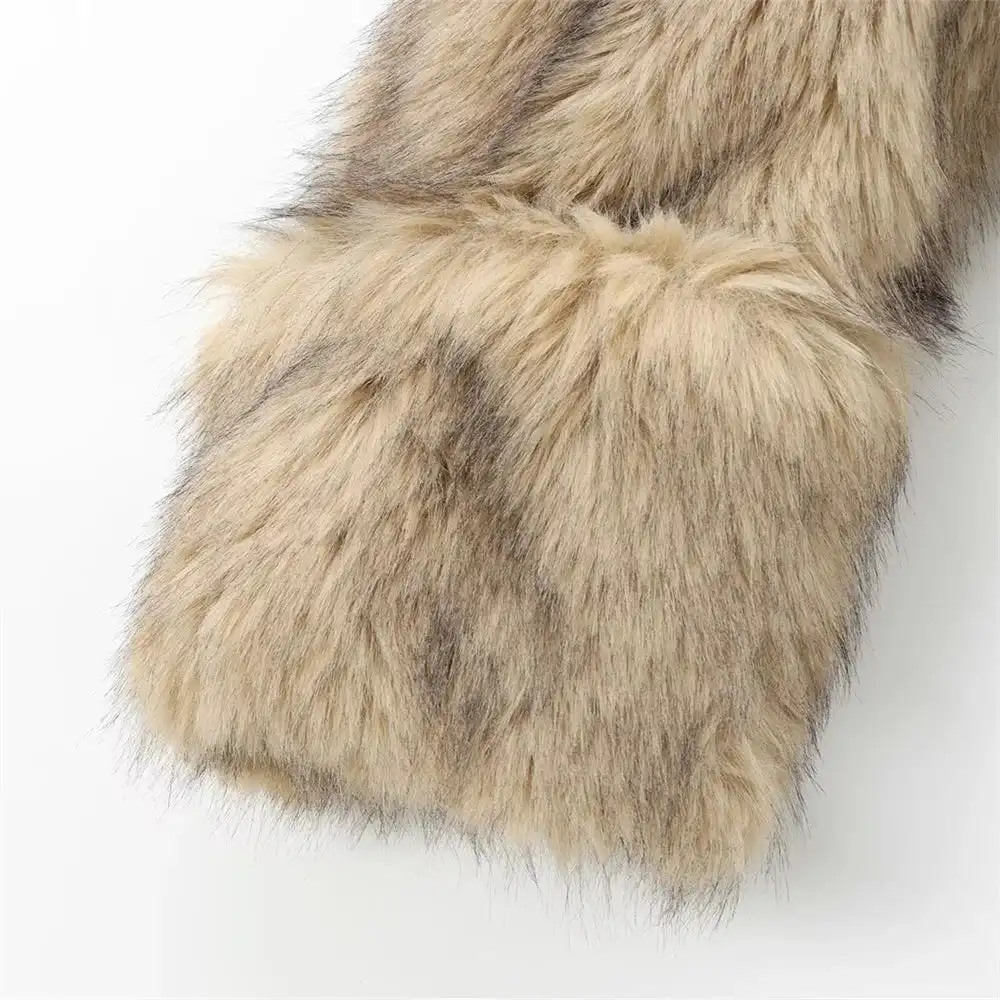 Women's Faux Fur Coat Funnel Neck Fluffy Camel Cropped Pullover Winter Warm Jacket Elegant Luxe Chic Outerwear