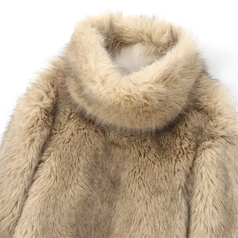 Women's Faux Fur Coat Funnel Neck Fluffy Camel Cropped Pullover Winter Warm Jacket Elegant Luxe Chic Outerwear