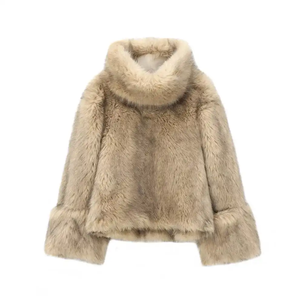 Women's Faux Fur Coat Funnel Neck Fluffy Camel Cropped Pullover Winter Warm Jacket Elegant Luxe Chic Outerwear