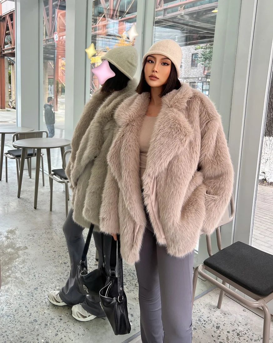 Fashionable Street Style Fox Fur Coat Loose Suit Collar Medium Long Imitation Fur Coat For Women Autumn-winter fur overcoat