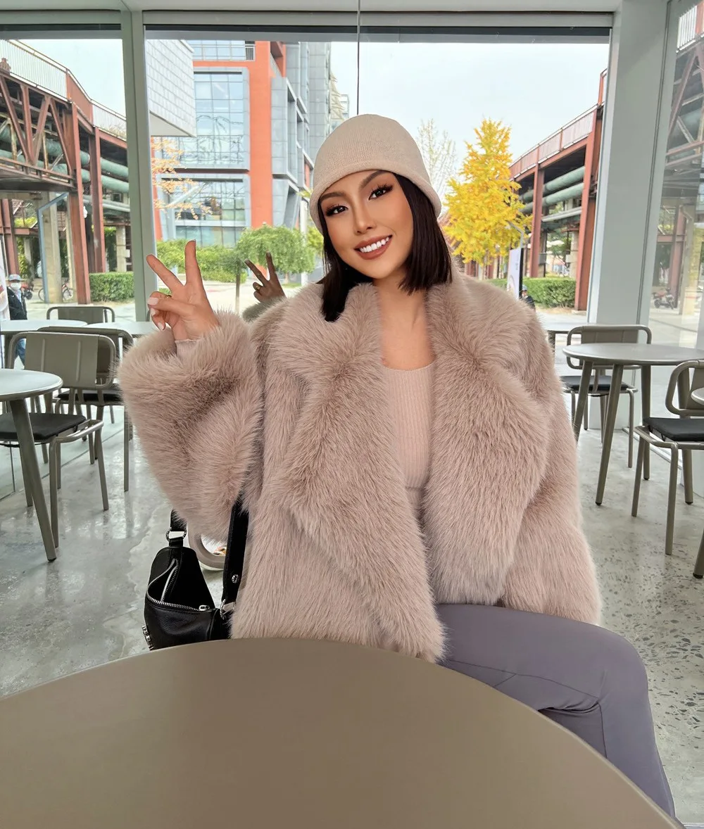 Fashionable Street Style Fox Fur Coat Loose Suit Collar Medium Long Imitation Fur Coat For Women Autumn-winter fur overcoat