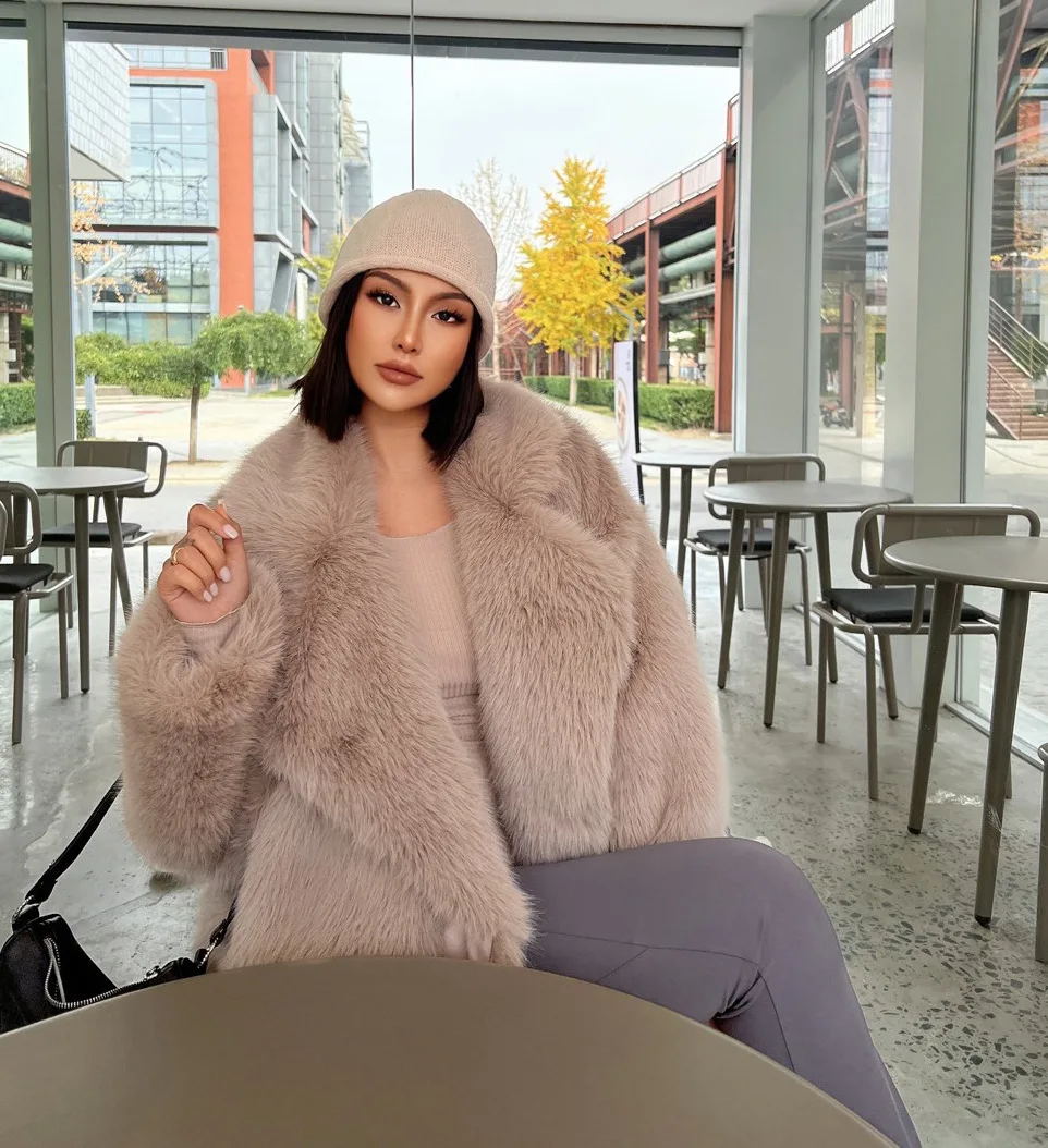Fashionable Street Style Fox Fur Coat Loose Suit Collar Medium Long Imitation Fur Coat For Women Autumn-winter fur overcoat