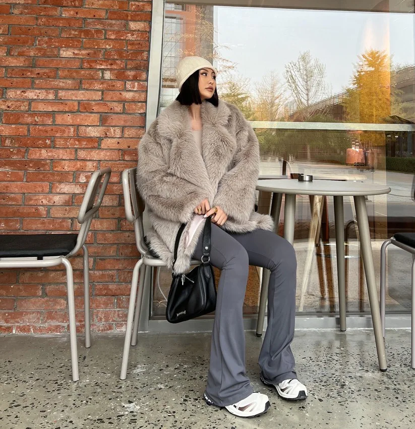 Fashionable Street Style Fox Fur Coat Loose Suit Collar Medium Long Imitation Fur Coat For Women Autumn-winter fur overcoat