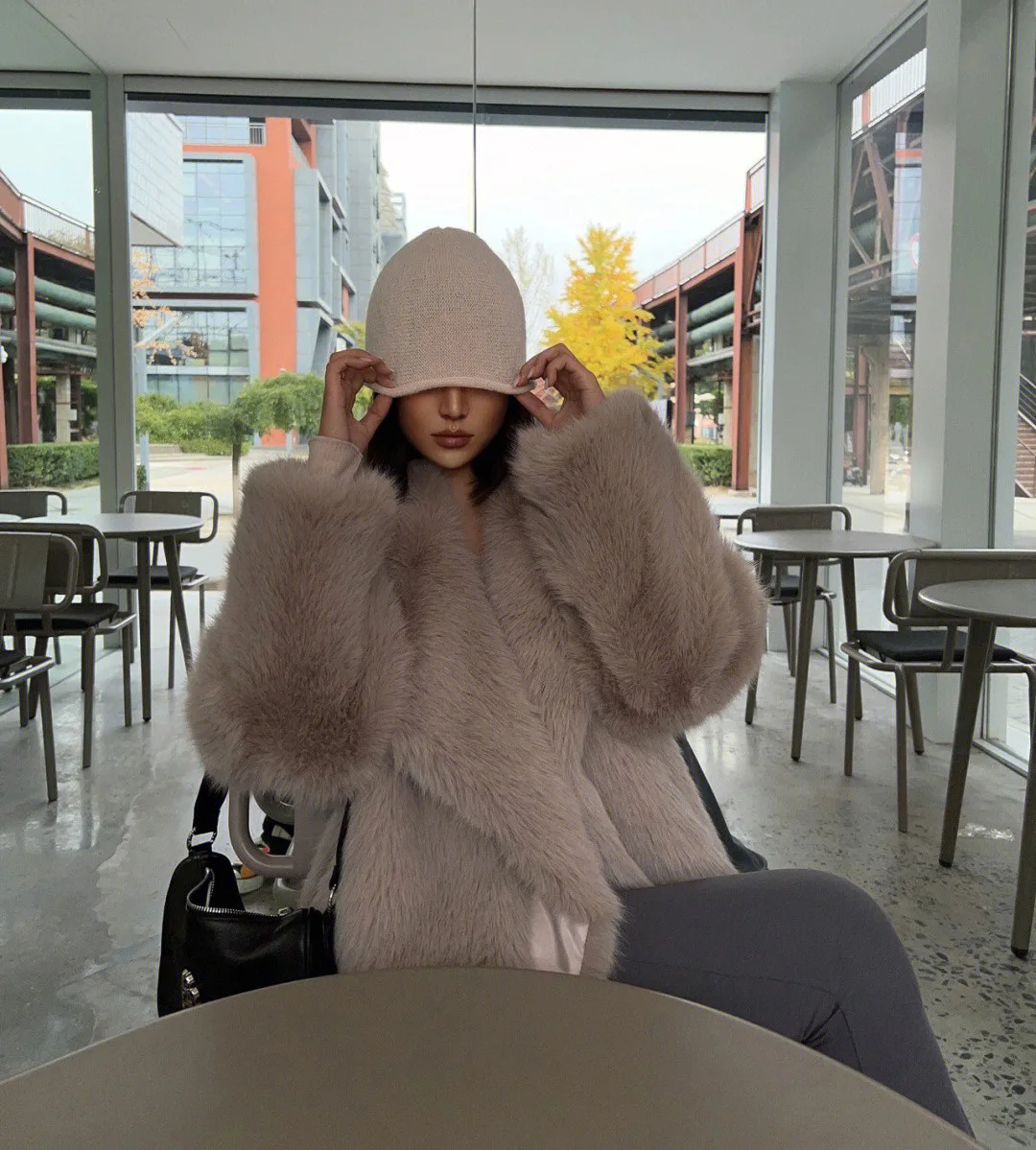 Fashionable Street Style Fox Fur Coat Loose Suit Collar Medium Long Imitation Fur Coat For Women Autumn-winter fur overcoat