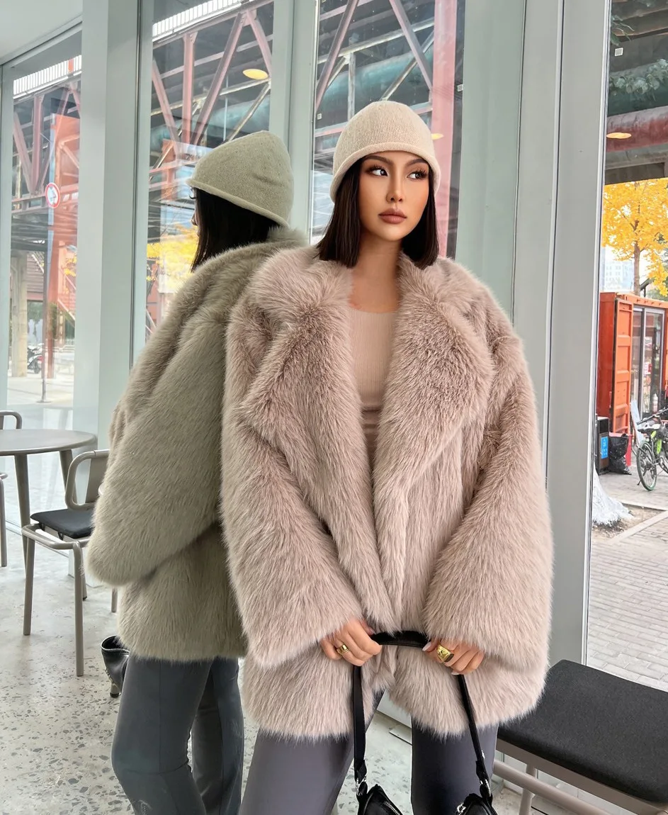 Fashionable Street Style Fox Fur Coat Loose Suit Collar Medium Long Imitation Fur Coat For Women Autumn-winter fur overcoat