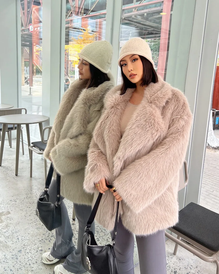 Fashionable Street Style Fox Fur Coat Loose Suit Collar Medium Long Imitation Fur Coat For Women Autumn-winter fur overcoat