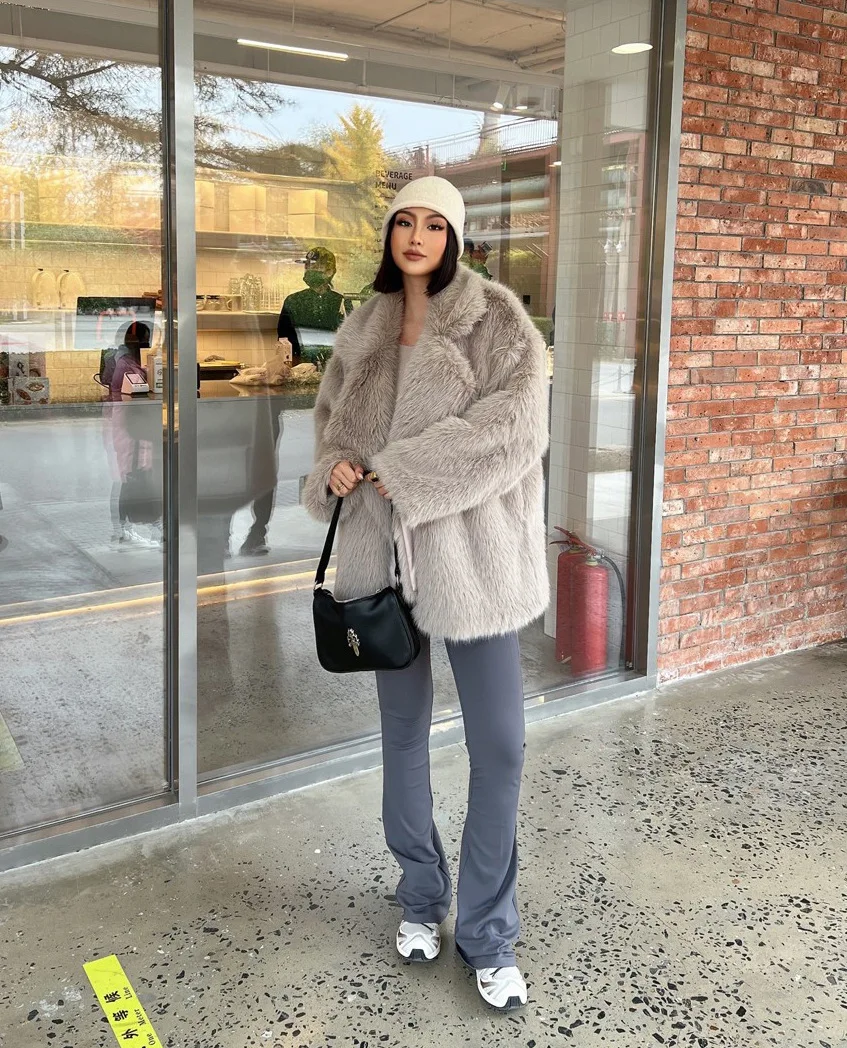 Fashionable Street Style Fox Fur Coat Loose Suit Collar Medium Long Imitation Fur Coat For Women Autumn-winter fur overcoat