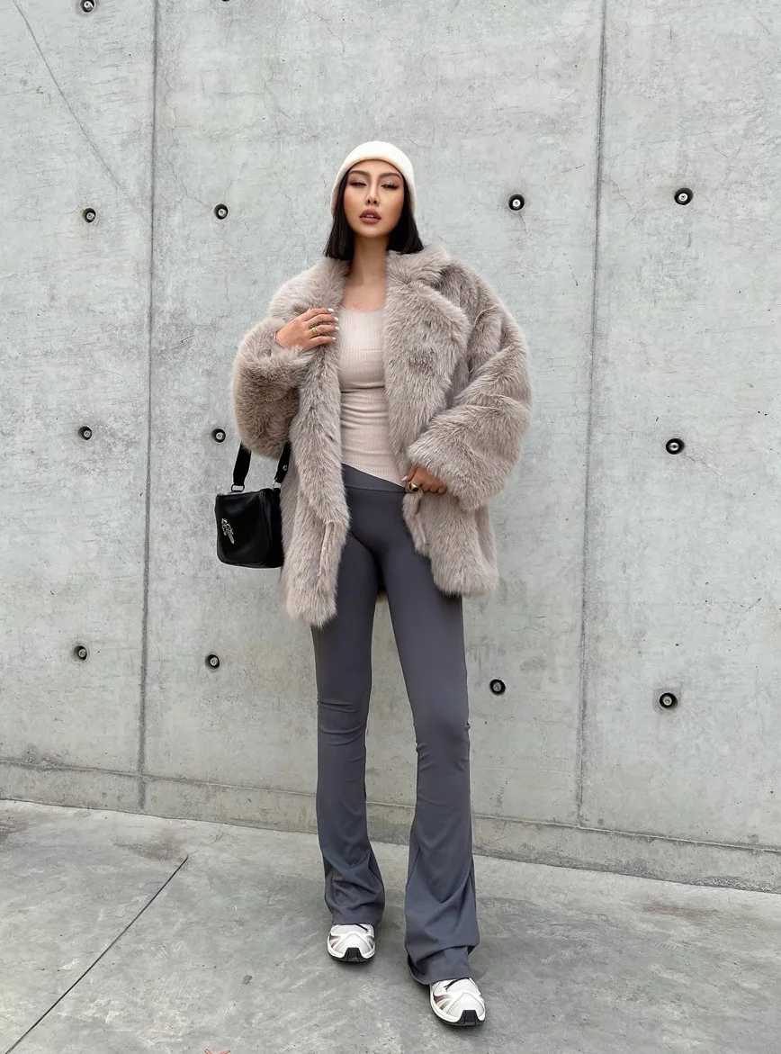 Fashionable Street Style Fox Fur Coat Loose Suit Collar Medium Long Imitation Fur Coat For Women Autumn-winter fur overcoat