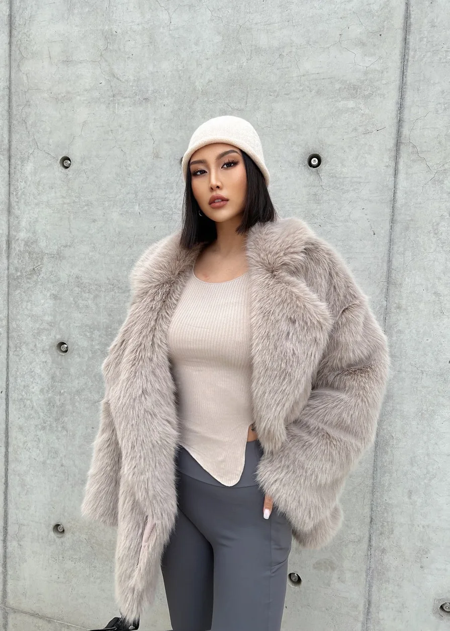 Fashionable Street Style Fox Fur Coat Loose Suit Collar Medium Long Imitation Fur Coat For Women Autumn-winter fur overcoat