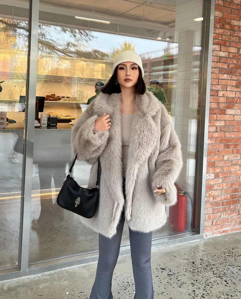 Fashionable Street Style Fox Fur Coat Loose Suit Collar Medium Long Imitation Fur Coat For Women Autumn-winter fur overcoat