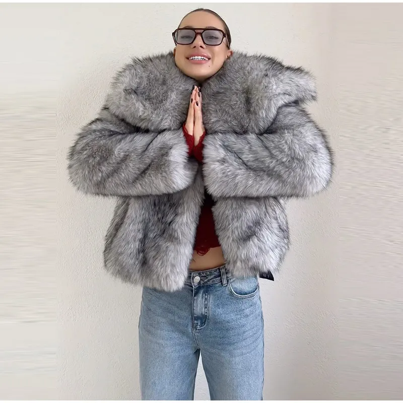 Faux Women's Fur Coat Turn-Down Collar Long Sleeve Elastic Cuff Plush Fluffy Female Fur Coat Fashion Autumn Loose Fur For Ladies