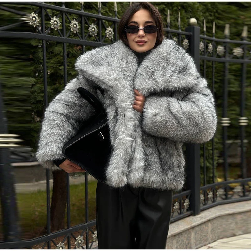 Faux Women's Fur Coat Turn-Down Collar Long Sleeve Elastic Cuff Plush Fluffy Female Fur Coat Fashion Autumn Loose Fur For Ladies