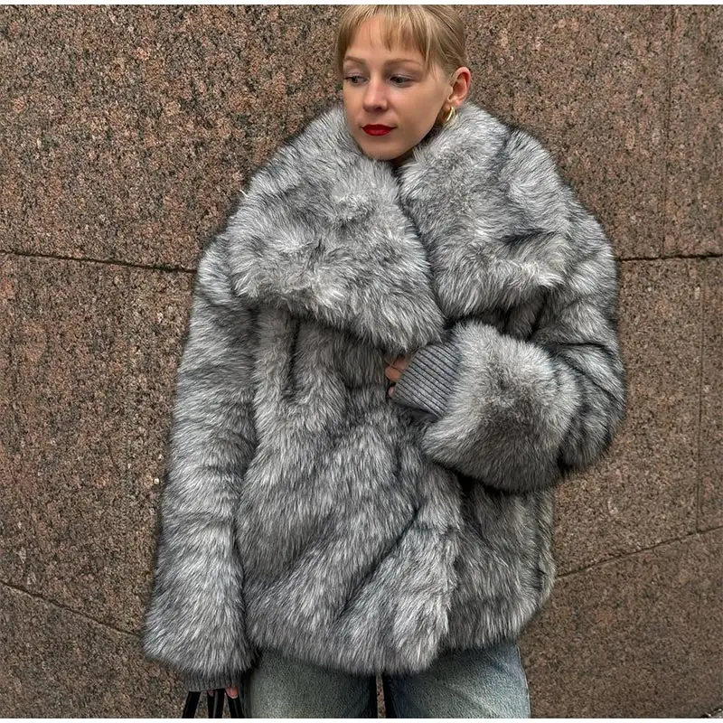 Faux Women's Fur Coat Turn-Down Collar Long Sleeve Elastic Cuff Plush Fluffy Female Fur Coat Fashion Autumn Loose Fur For Ladies