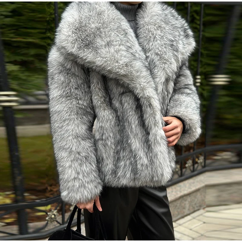 Faux Women's Fur Coat Turn-Down Collar Long Sleeve Elastic Cuff Plush Fluffy Female Fur Coat Fashion Autumn Loose Fur For Ladies