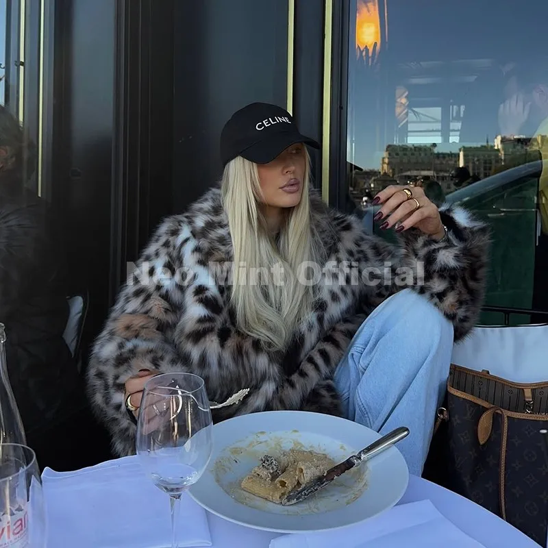 Neo Mint Vintage Stylish Loepard Faux Fur Coat Women 2025 Winter Chic Iconic Ins Blogger Brand Fashion Fox Fur Jacket Streetwear