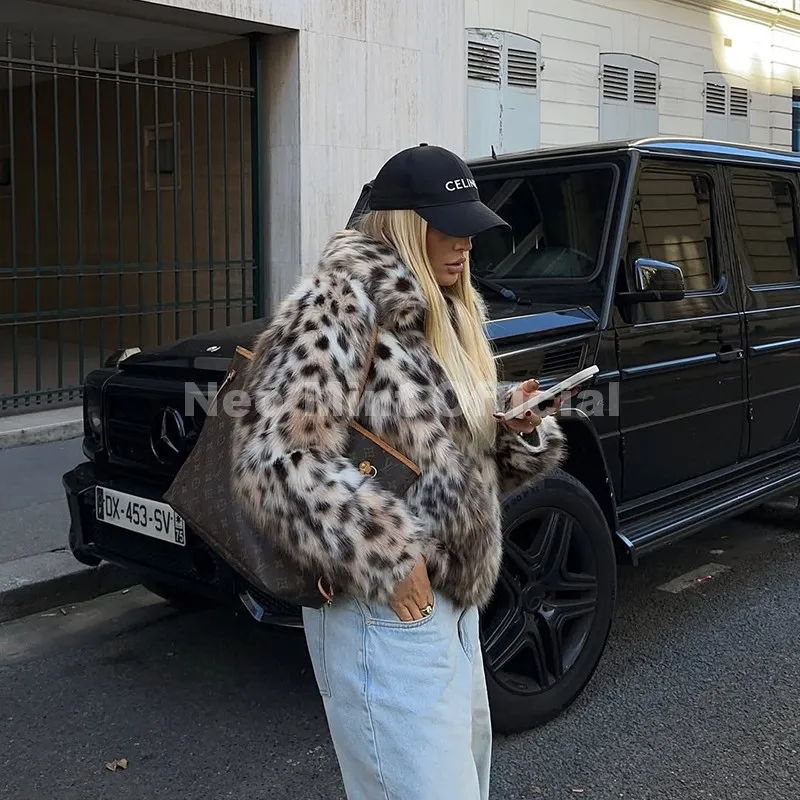 Neo Mint Vintage Stylish Loepard Faux Fur Coat Women 2025 Winter Chic Iconic Ins Blogger Brand Fashion Fox Fur Jacket Streetwear
