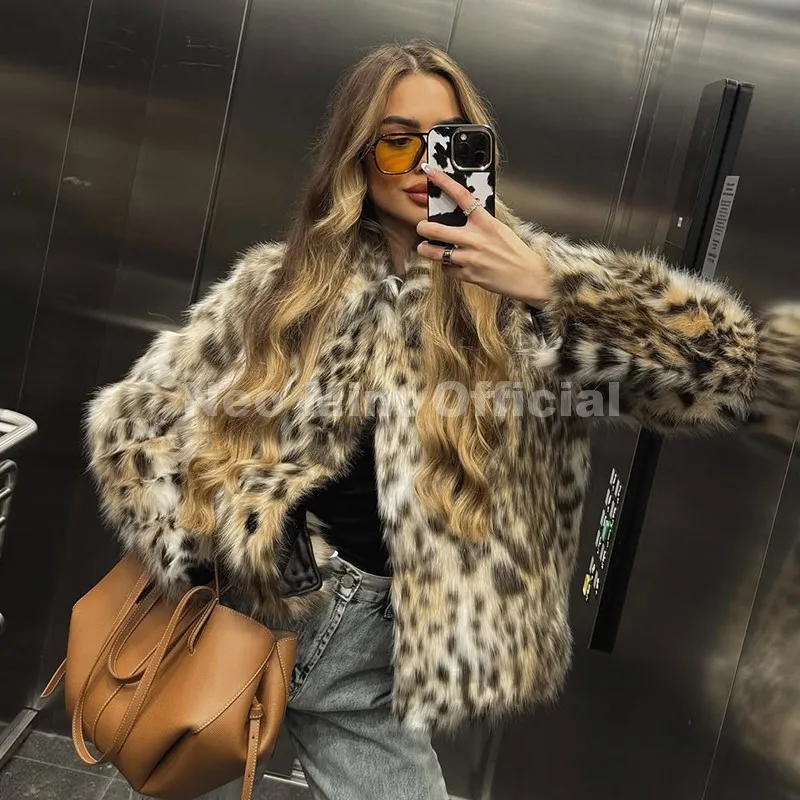 Neo Mint Vintage Stylish Loepard Faux Fur Coat Women 2025 Winter Chic Iconic Ins Blogger Brand Fashion Fox Fur Jacket Streetwear