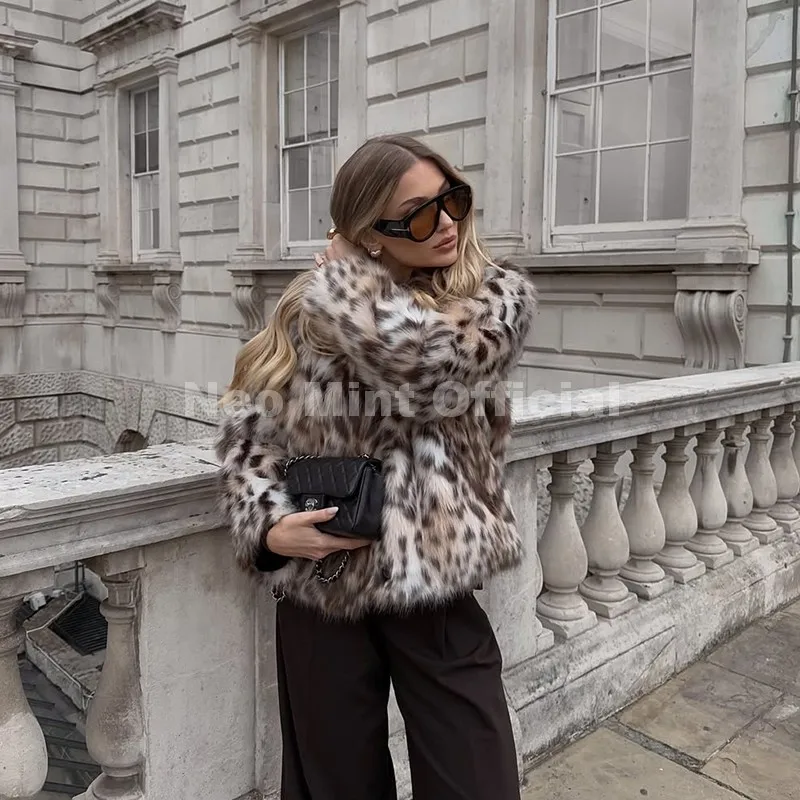 Neo Mint Vintage Stylish Loepard Faux Fur Coat Women 2025 Winter Chic Iconic Ins Blogger Brand Fashion Fox Fur Jacket Streetwear