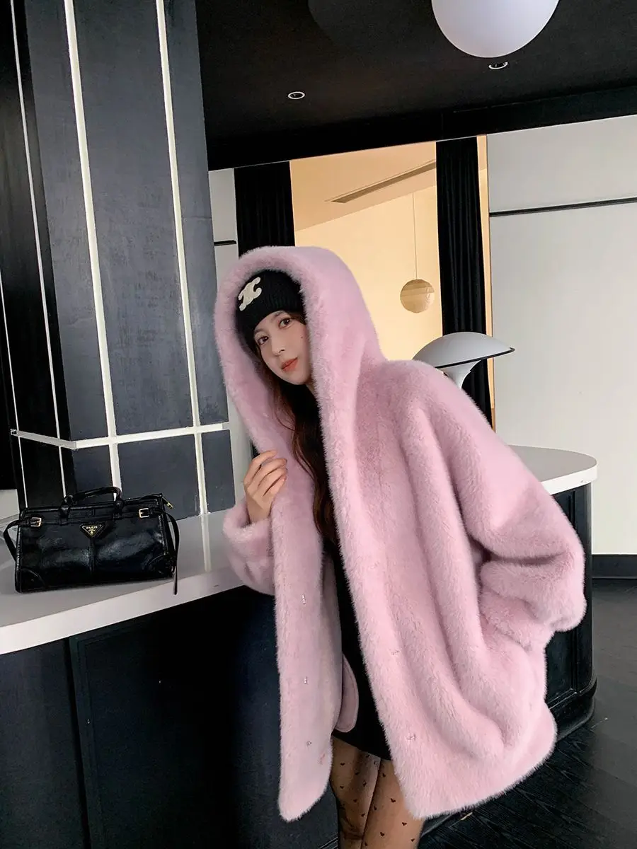 Women Blue Hooded Coat Autumn Winter Faux Fur Jacket Loose Fit Warm Thickened Mid-Length Coat