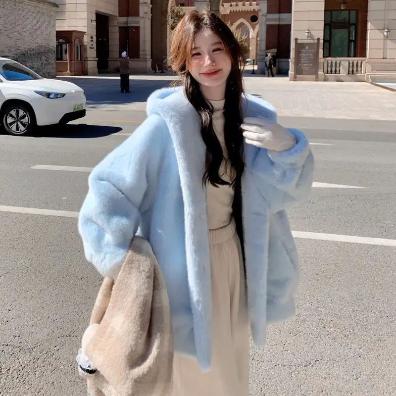 Women Blue Hooded Coat Autumn Winter Faux Fur Jacket Loose Fit Warm Thickened Mid-Length Coat