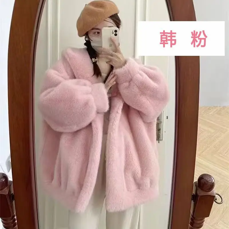 Women Blue Hooded Coat Autumn Winter Faux Fur Jacket Loose Fit Warm Thickened Mid-Length Coat