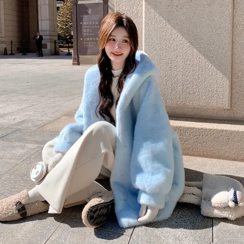 Women Blue Hooded Coat Autumn Winter Faux Fur Jacket Loose Fit Warm Thickened Mid-Length Coat