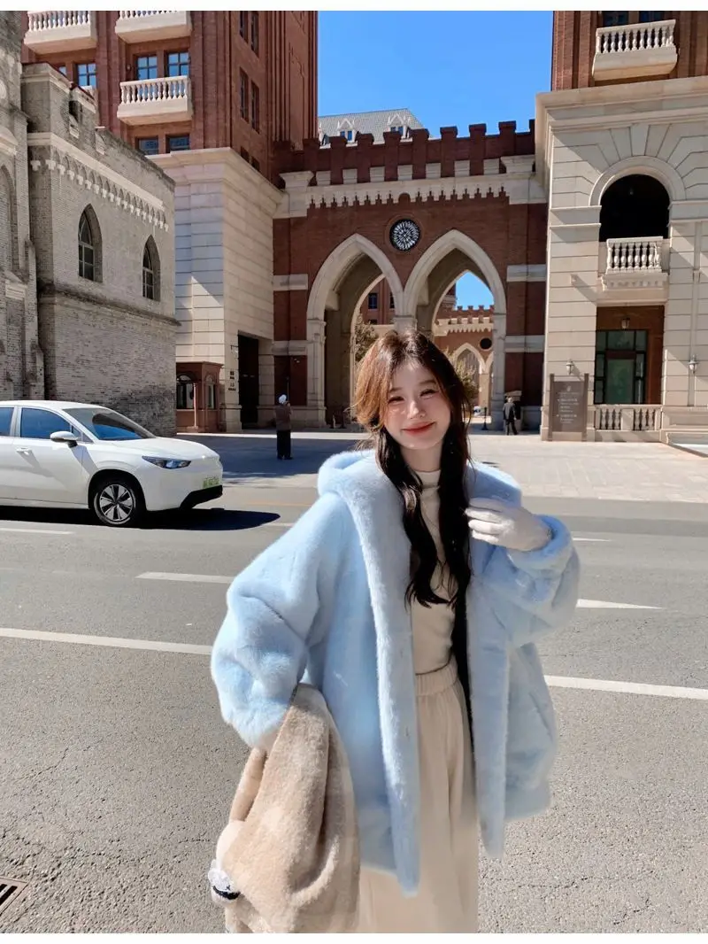 Women Blue Hooded Coat Autumn Winter Faux Fur Jacket Loose Fit Warm Thickened Mid-Length Coat