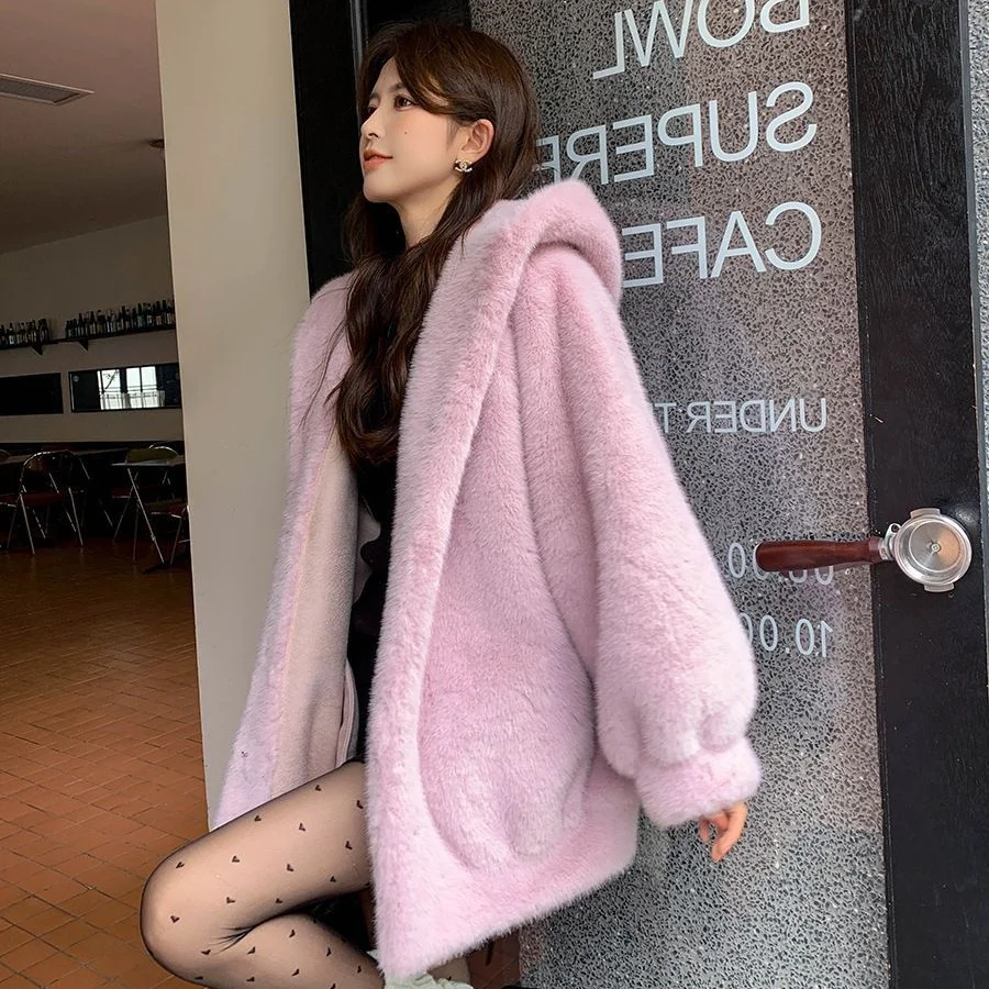 Women Blue Hooded Coat Autumn Winter Faux Fur Jacket Loose Fit Warm Thickened Mid-Length Coat