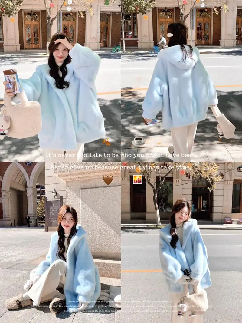 Women Blue Hooded Coat Autumn Winter Faux Fur Jacket Loose Fit Warm Thickened Mid-Length Coat