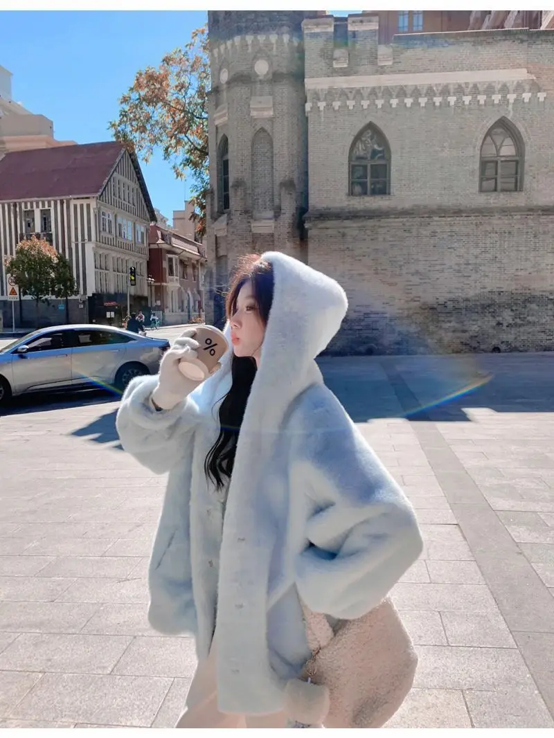 Women Blue Hooded Coat Autumn Winter Faux Fur Jacket Loose Fit Warm Thickened Mid-Length Coat