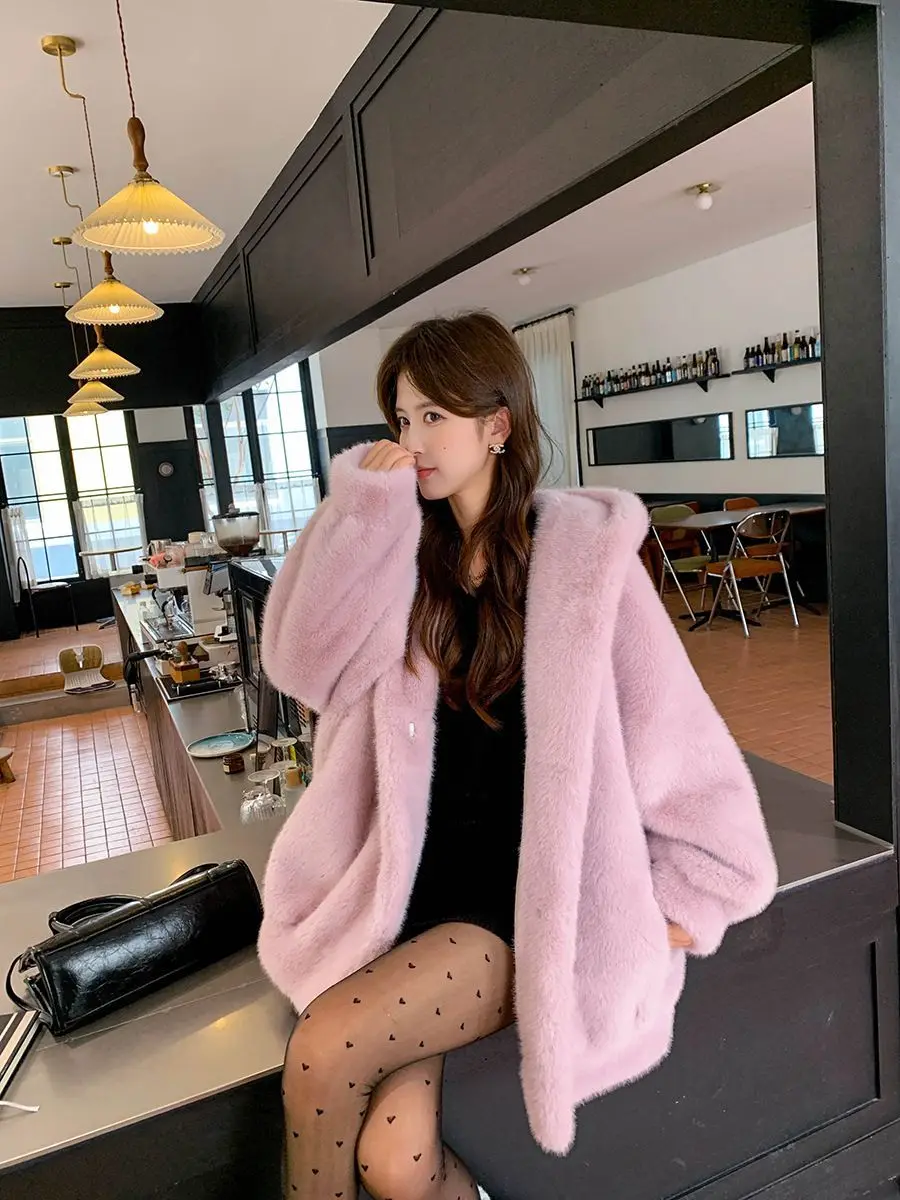 Women Blue Hooded Coat Autumn Winter Faux Fur Jacket Loose Fit Warm Thickened Mid-Length Coat