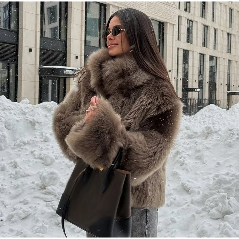 2026 Winter Women's Faux Fur Coats Fashion Stand Collar Short Jackets Warm Long Sleeve High Street Commute Lady Brown Outerwear
