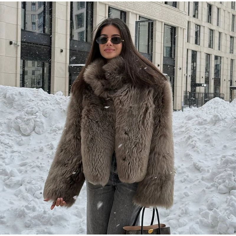 2026 Winter Women's Faux Fur Coats Fashion Stand Collar Short Jackets Warm Long Sleeve High Street Commute Lady Brown Outerwear