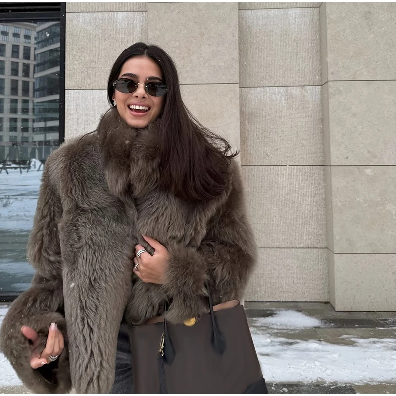 2026 Winter Women's Faux Fur Coats Fashion Stand Collar Short Jackets Warm Long Sleeve High Street Commute Lady Brown Outerwear