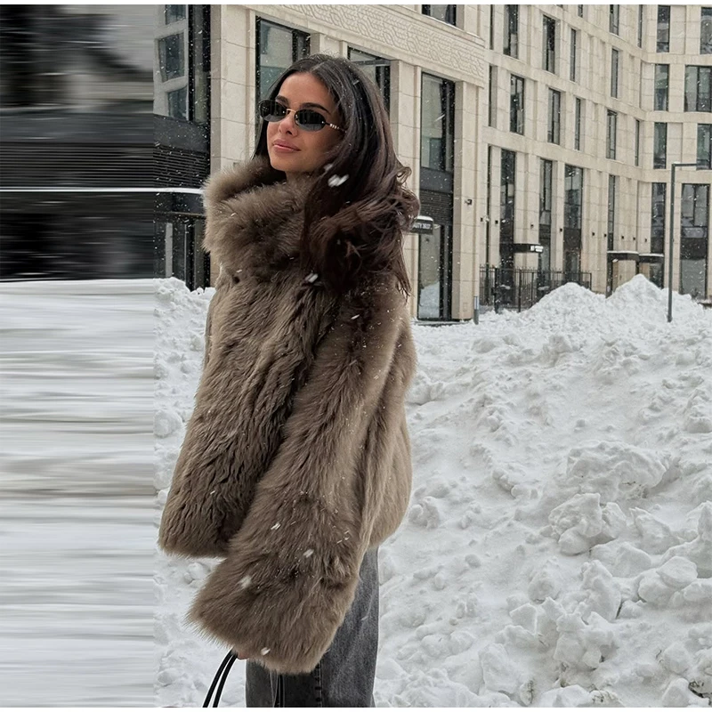 2026 Winter Women's Faux Fur Coats Fashion Stand Collar Short Jackets Warm Long Sleeve High Street Commute Lady Brown Outerwear