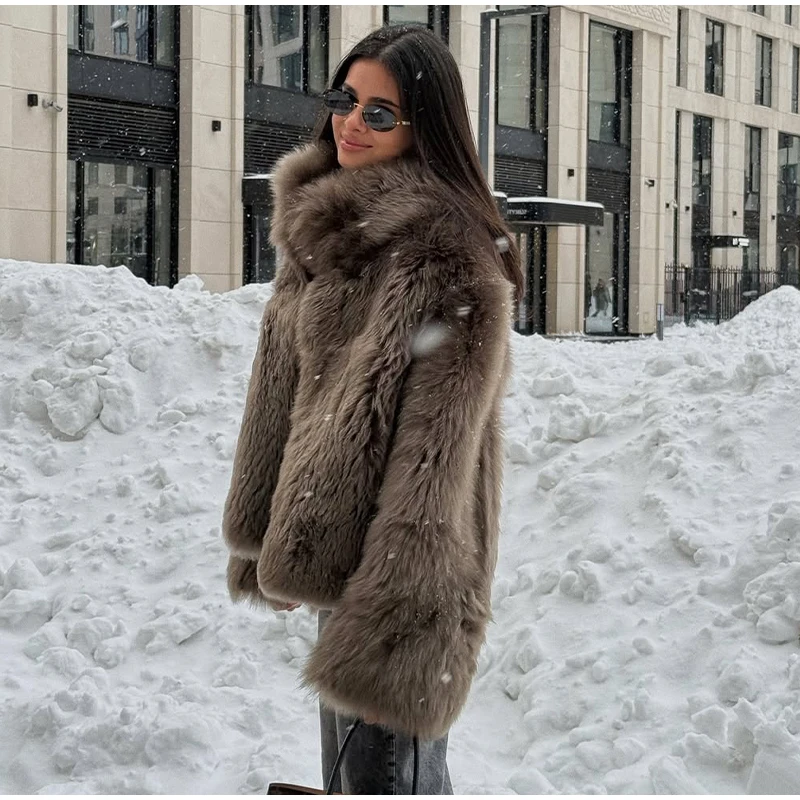 2026 Winter Women's Faux Fur Coats Fashion Stand Collar Short Jackets Warm Long Sleeve High Street Commute Lady Brown Outerwear
