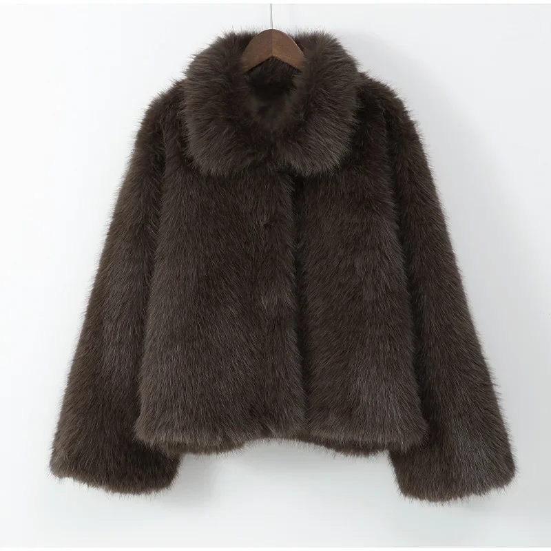 2026 Winter Women's Faux Fur Coats Fashion Stand Collar Short Jackets Warm Long Sleeve High Street Commute Lady Brown Outerwear