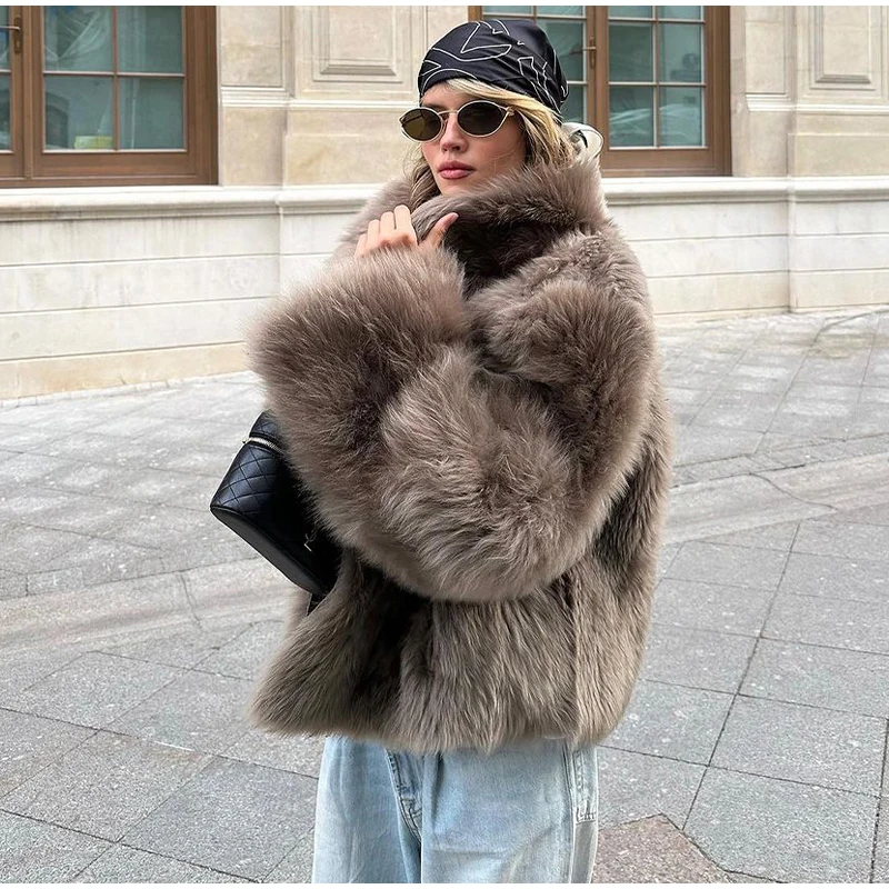 2026 Winter Women's Faux Fur Coats Fashion Stand Collar Short Jackets Warm Long Sleeve High Street Commute Lady Brown Outerwear