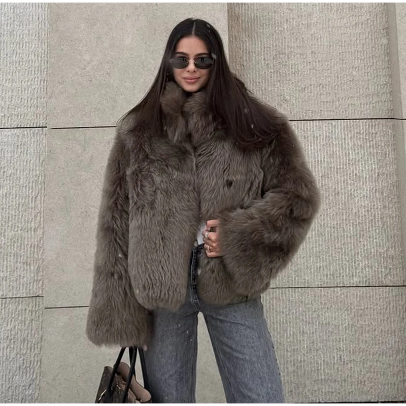 2026 Winter Women's Faux Fur Coats Fashion Stand Collar Short Jackets Warm Long Sleeve High Street Commute Lady Brown Outerwear