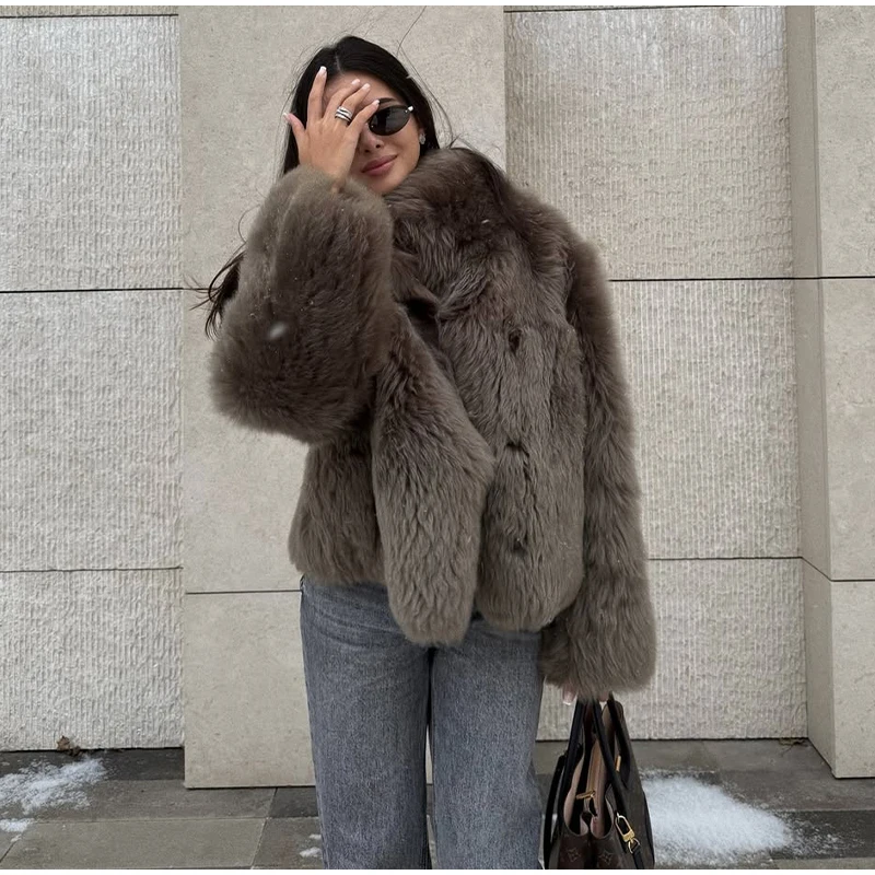 2026 Winter Women's Faux Fur Coats Fashion Stand Collar Short Jackets Warm Long Sleeve High Street Commute Lady Brown Outerwear