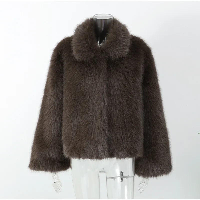 2026 Winter Women's Faux Fur Coats Fashion Stand Collar Short Jackets Warm Long Sleeve High Street Commute Lady Brown Outerwear