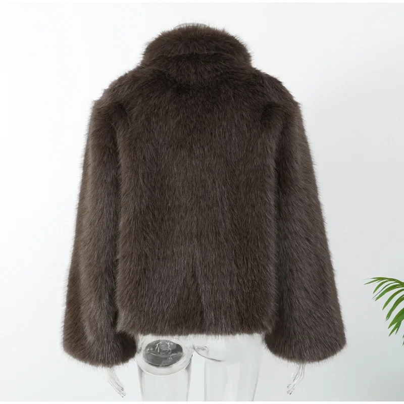 2026 Winter Women's Faux Fur Coats Fashion Stand Collar Short Jackets Warm Long Sleeve High Street Commute Lady Brown Outerwear