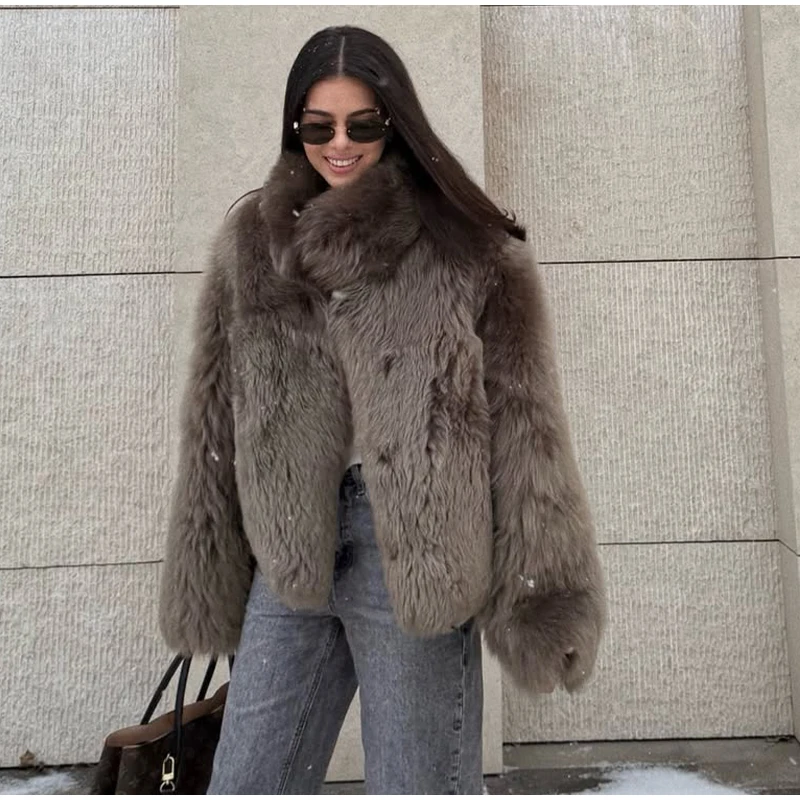 2026 Winter Women's Faux Fur Coats Fashion Stand Collar Short Jackets Warm Long Sleeve High Street Commute Lady Brown Outerwear