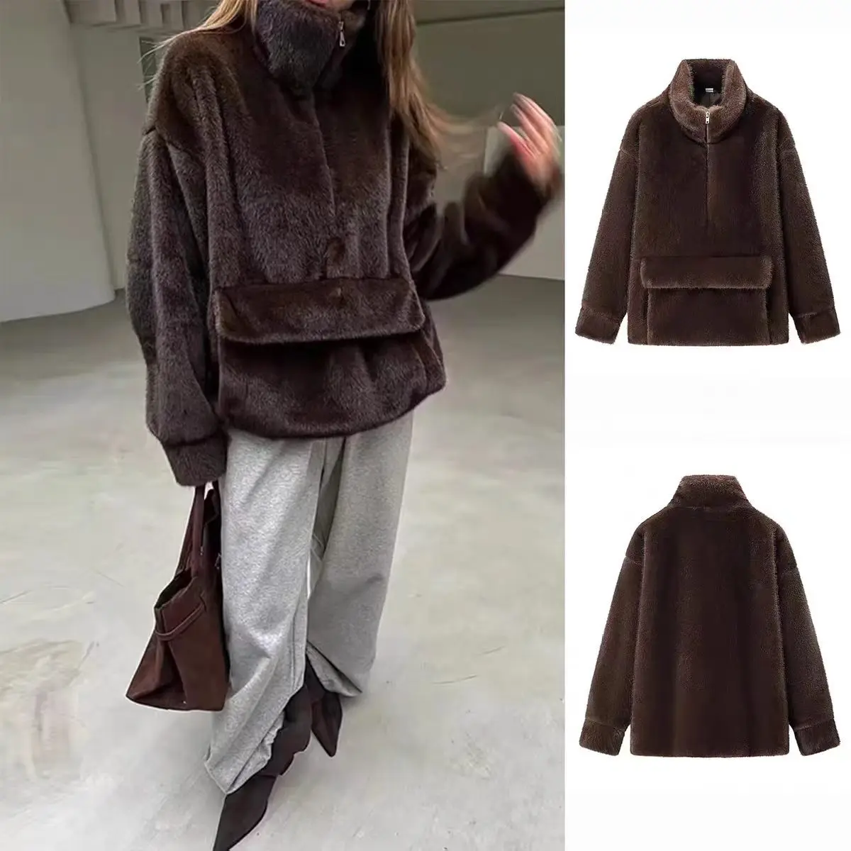 LANMREM Women Faux Mink Fur Half Zip Sweatshirt Stand Neck Kangaroo Pocket Loose Long Sleeve Warm Plush Pullover Top 2DB8857