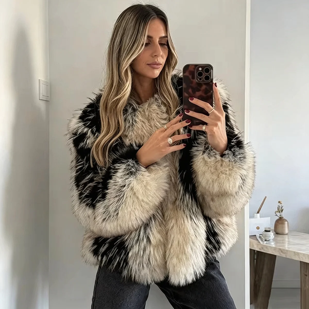 Women's Short Faux Fur Coat Striped Black White Fluffy Warm Winter Jacket Y2K Streetwear TikTok Viral It Girl Luxury Outerwear
