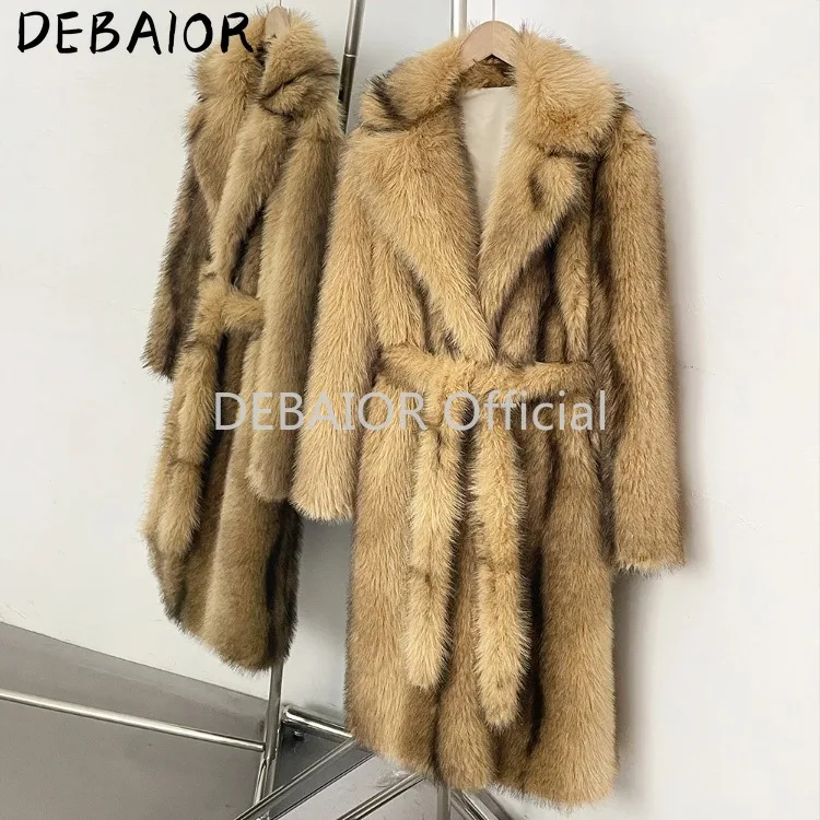 OFTBUY Women's New Autumn Winter Faux Fur Long Coat Notched Lapel Belted Gradient Faux Fur Jacket Thick Warm Clothes Outerwear