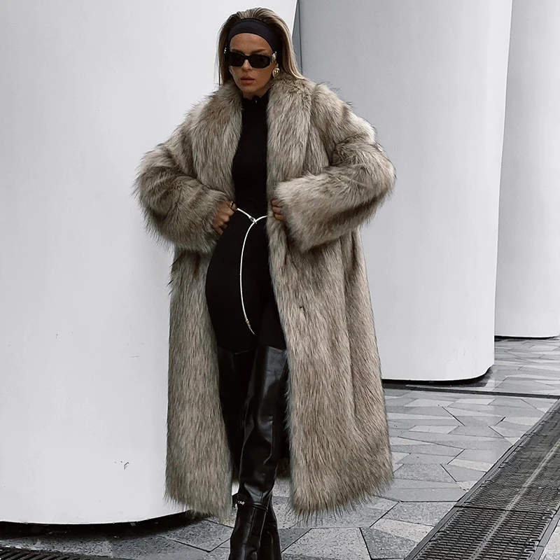 Neo Mint Luxury Mob Wife Aesthetic Long Faux Fur Coat Women Winter 2024 Fluffy Gradient Fox Fur Jacket Female Furry Overcoat