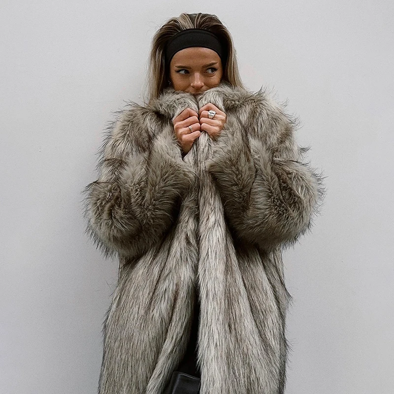Neo Mint Luxury Mob Wife Aesthetic Long Faux Fur Coat Women Winter 2024 Fluffy Gradient Fox Fur Jacket Female Furry Overcoat