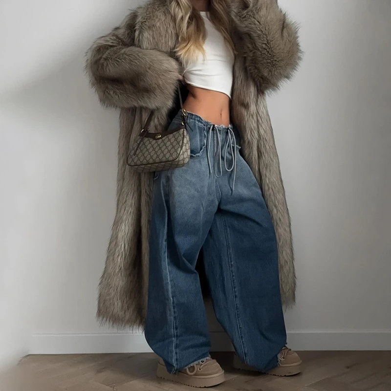 Neo Mint Luxury Mob Wife Aesthetic Long Faux Fur Coat Women Winter 2024 Fluffy Gradient Fox Fur Jacket Female Furry Overcoat