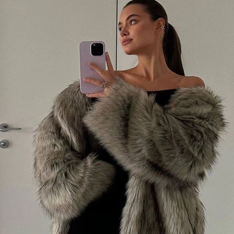 Neo Mint Luxury Mob Wife Aesthetic Long Faux Fur Coat Women Winter 2024 Fluffy Gradient Fox Fur Jacket Female Furry Overcoat